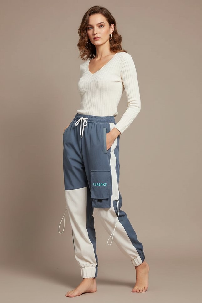 Pantalon Parachute Bicolore Cargo Streetwear Cordon Ample - Bleu Polyester