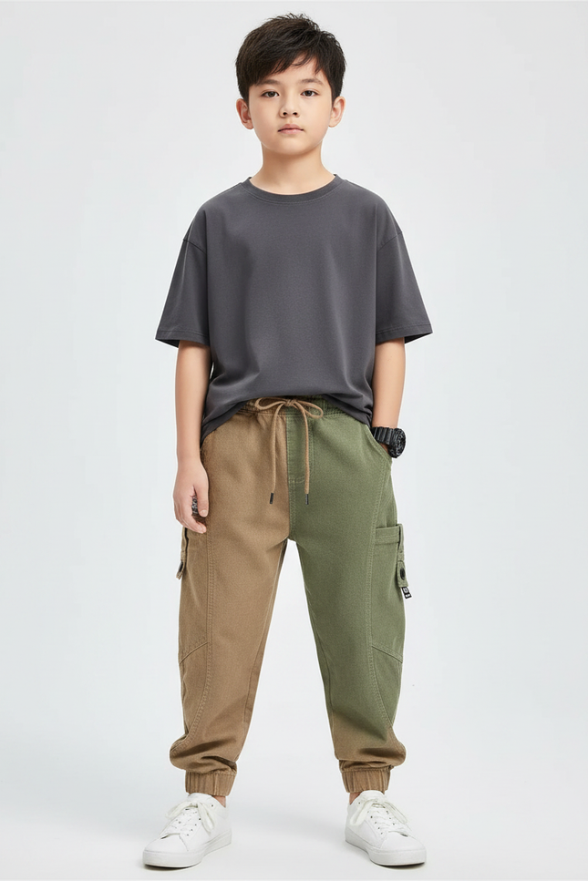 Pantalon Parachute Bicolore Cargo Ample Garçon Coton - Multicolore Toile