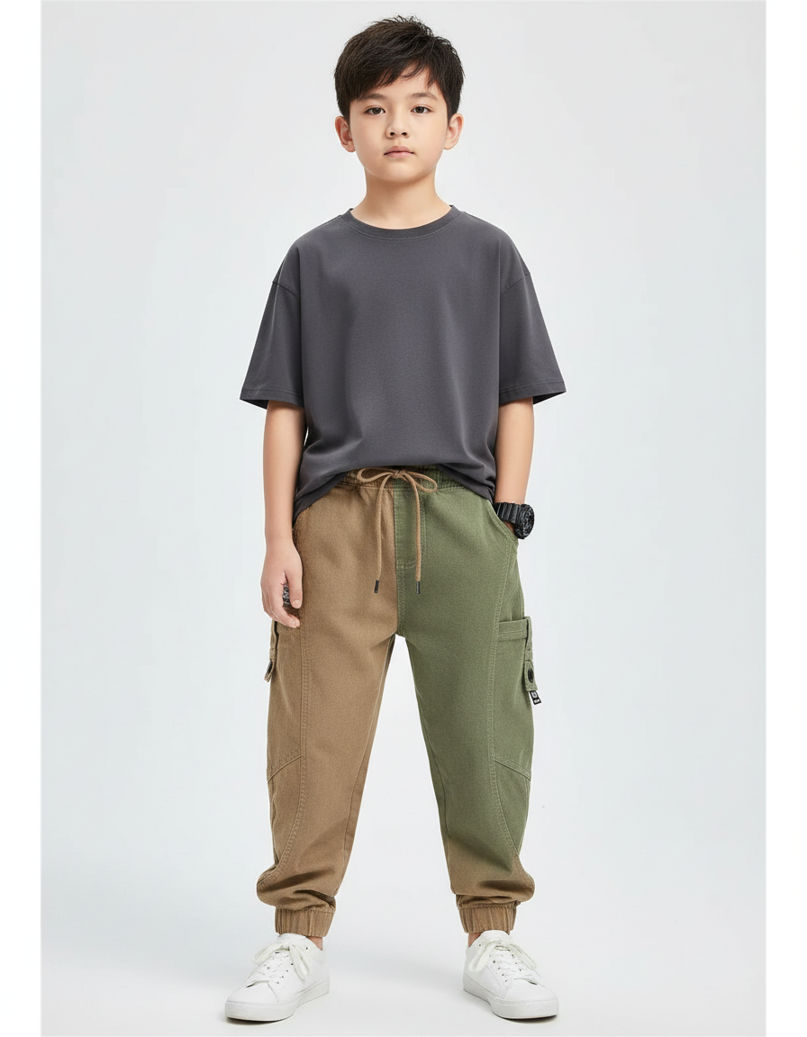 Pantalon Parachute Bicolore Cargo Ample Garçon Coton - Multicolore Toile