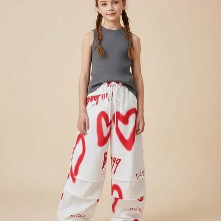 Pantalon Parachute Blanc Cœurs Rouges Ample Fille Graffiti - Molleton