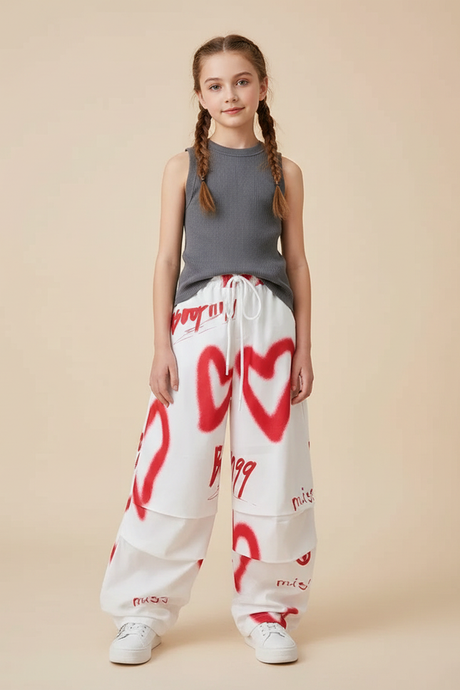 Pantalon Parachute Blanc Cœurs Rouges Ample Fille Graffiti - Molleton