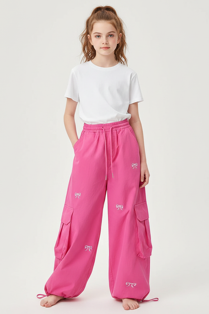 Pantalon Parachute Rose Fille Ample Brodé Cargo Décontracté - Toile
