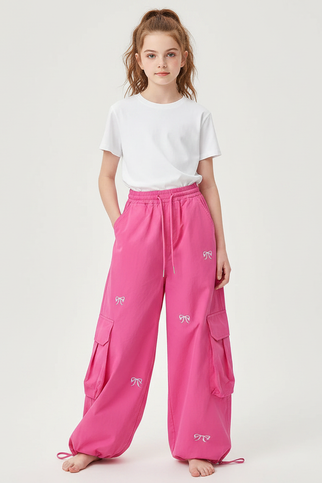 Pantalon Parachute Rose Fille Ample Brodé Cargo Décontracté - Toile