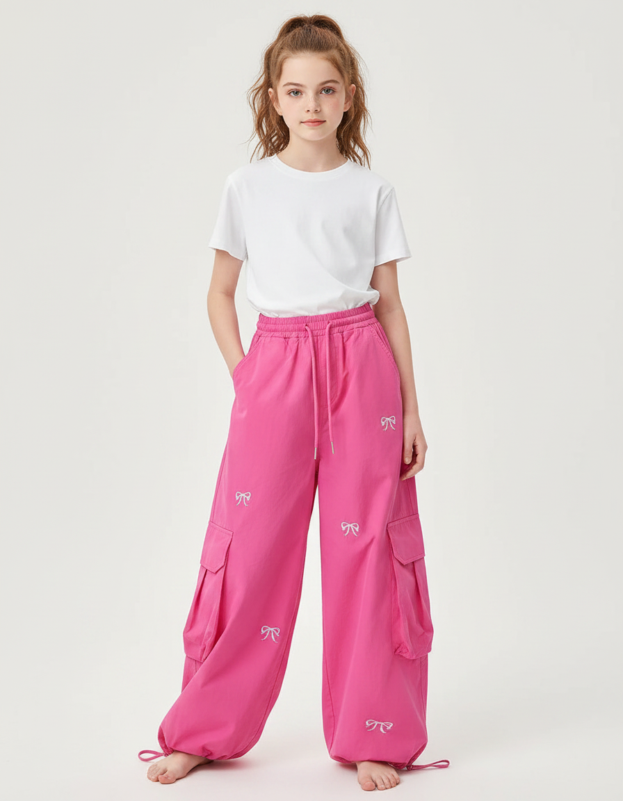 Pantalon Parachute Rose Fille Ample Brodé Cargo Décontracté - Toile