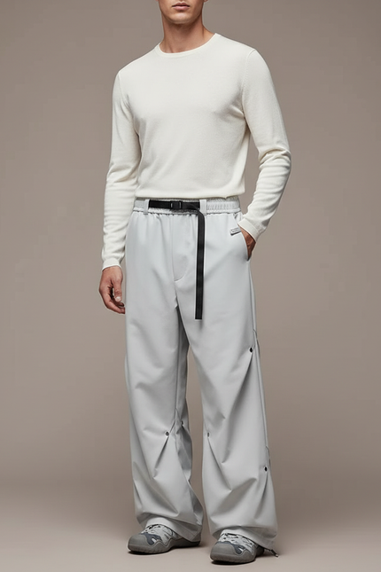 Pantalon Parachute Gris Ample Décontracté Ceinture Homme - Polyester
