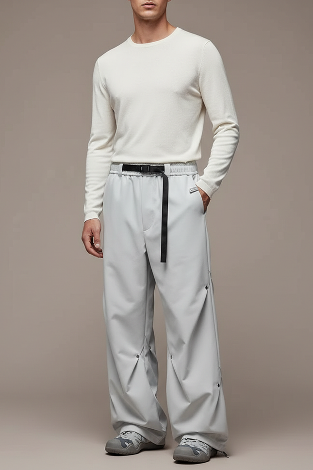 Pantalon Parachute Gris Ample Décontracté Ceinture Homme - Polyester