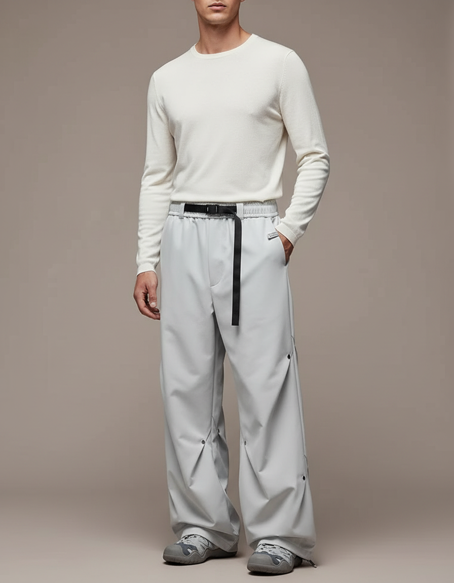 Pantalon Parachute Gris Ample Décontracté Ceinture Homme - Polyester