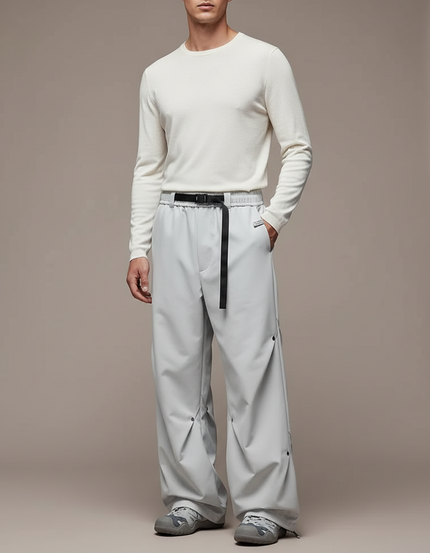 Pantalon Parachute Gris Ample Décontracté Ceinture Homme - Polyester