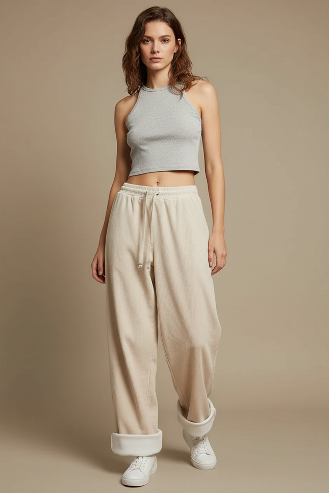 Pantalon Parachute Femme Beige Baggy - Cordé