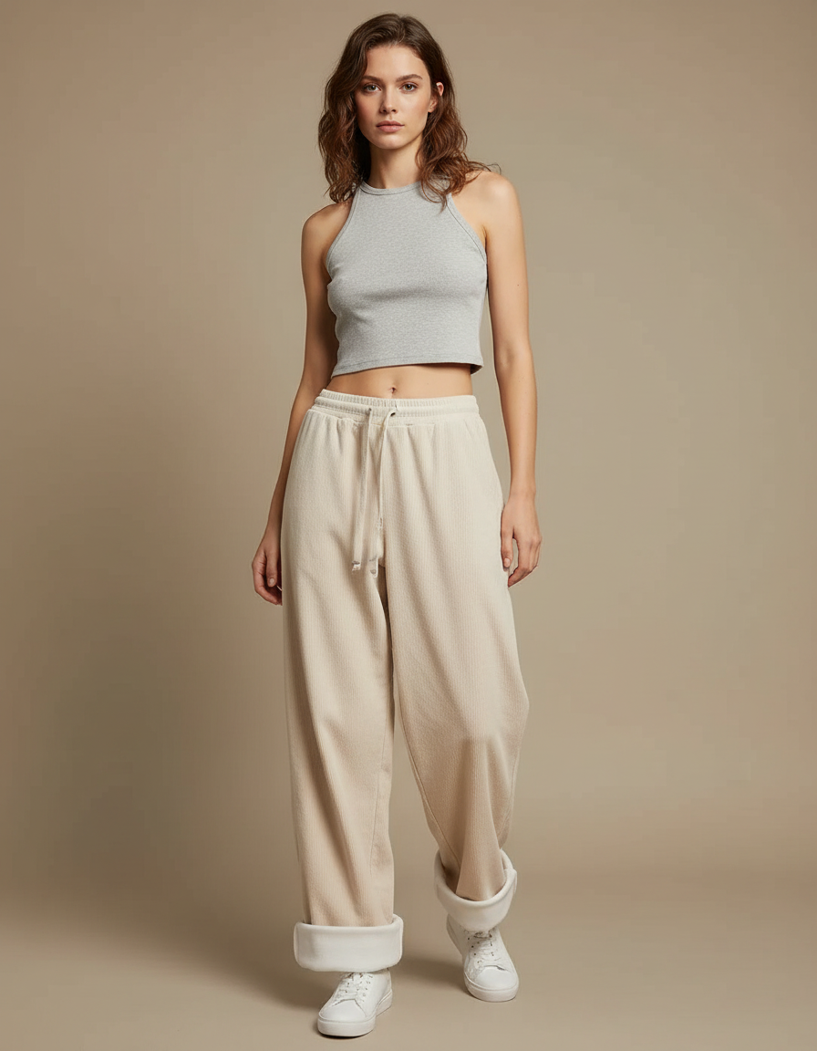 Pantalon Parachute Femme Beige Baggy - Cordé