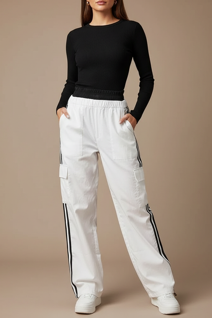 Pantalon Parachute Blanc Cargo Rayures Latérales Ample Femme - Toile