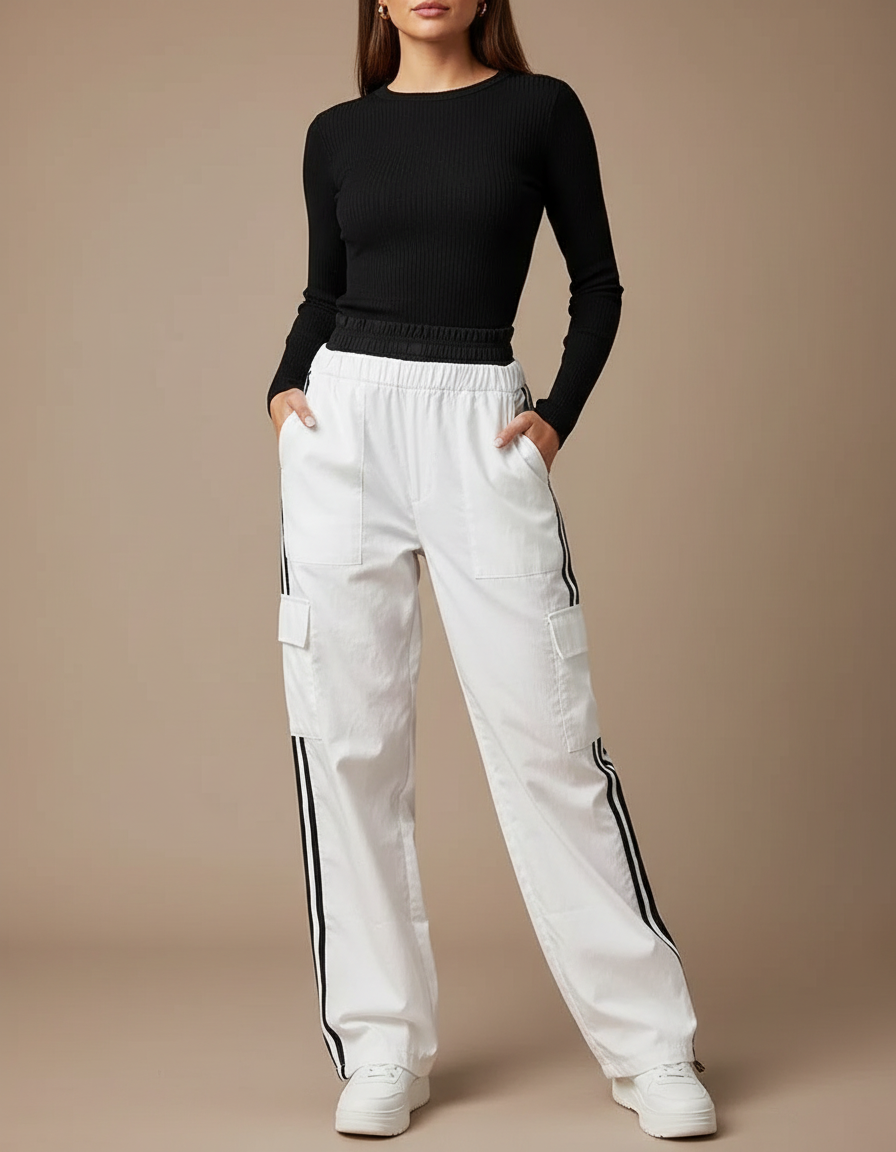 Pantalon Parachute Blanc Cargo Rayures Latérales Ample Femme - Toile