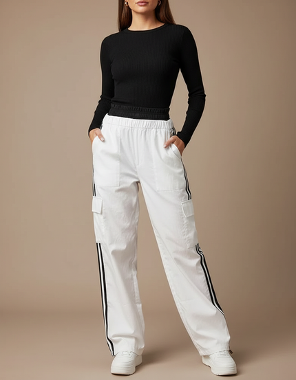 Pantalon Parachute Blanc Cargo Rayures Latérales Ample Femme - Toile