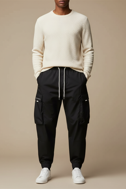 Pantalon Parachute Noir Cargo Homme Sport Décontracté - Polyester