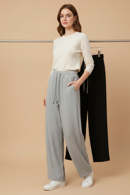 Pantalon Parachute Gris Ample Molletonné Droit Confortable
