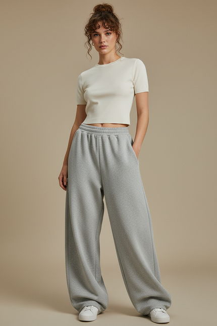 Pantalon Parachute Gris Ample Casual Sport Jogger Femme - Molleton