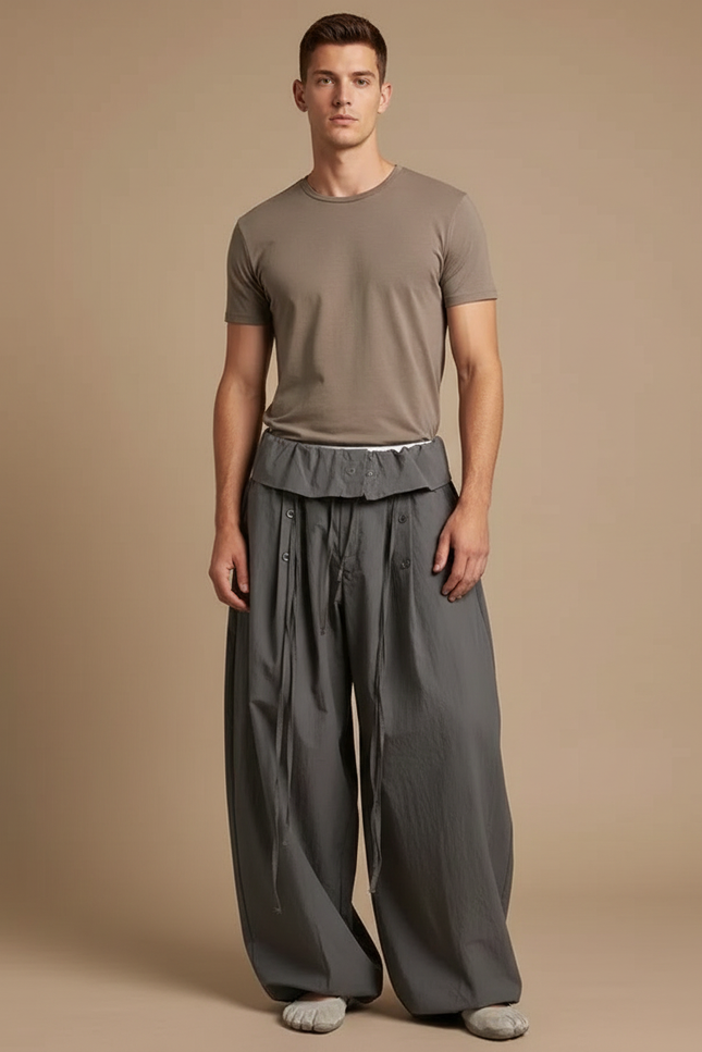 Pantalon Parachute Gris Ample Coton Cordon Décontracté