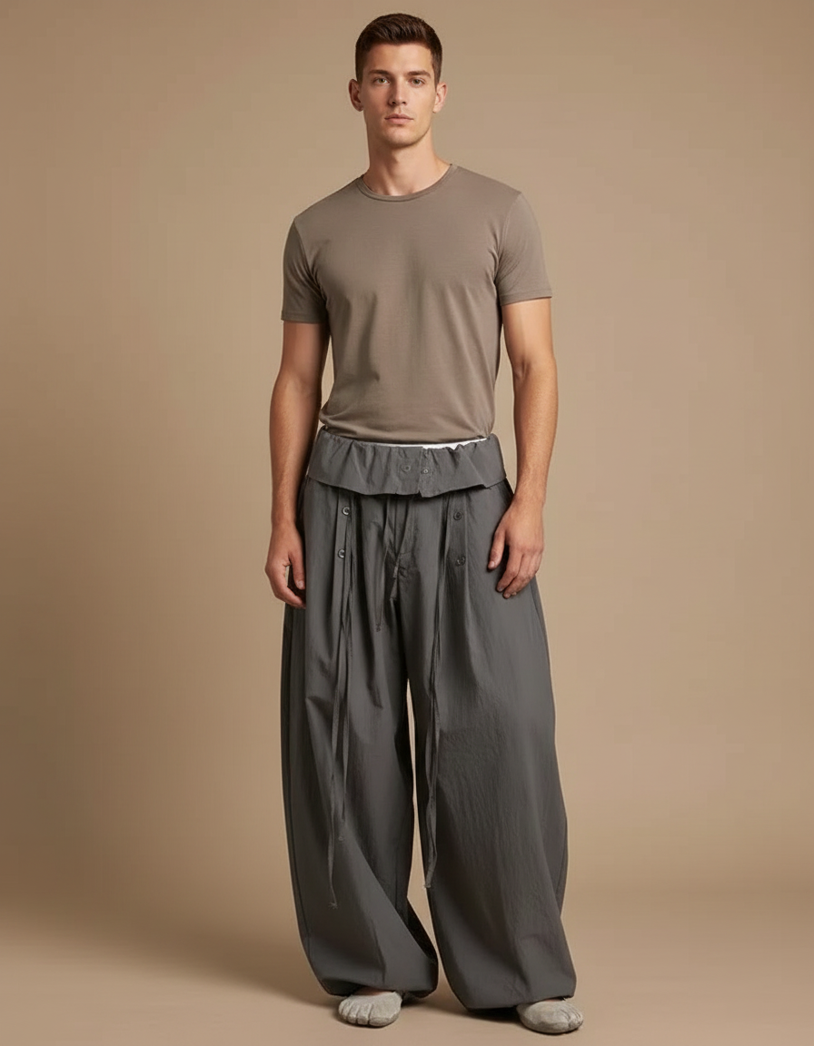 Pantalon Parachute Gris Ample Coton Cordon Décontracté