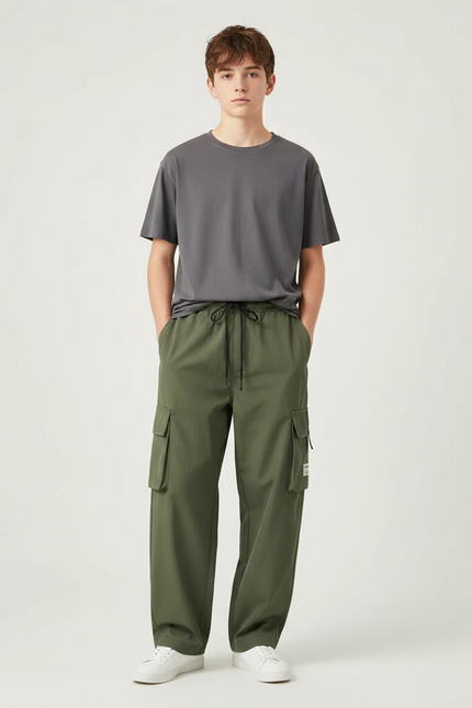 Pantalon Parachute Vert Kaki Cargo Ample Décontracté Homme - Polyester