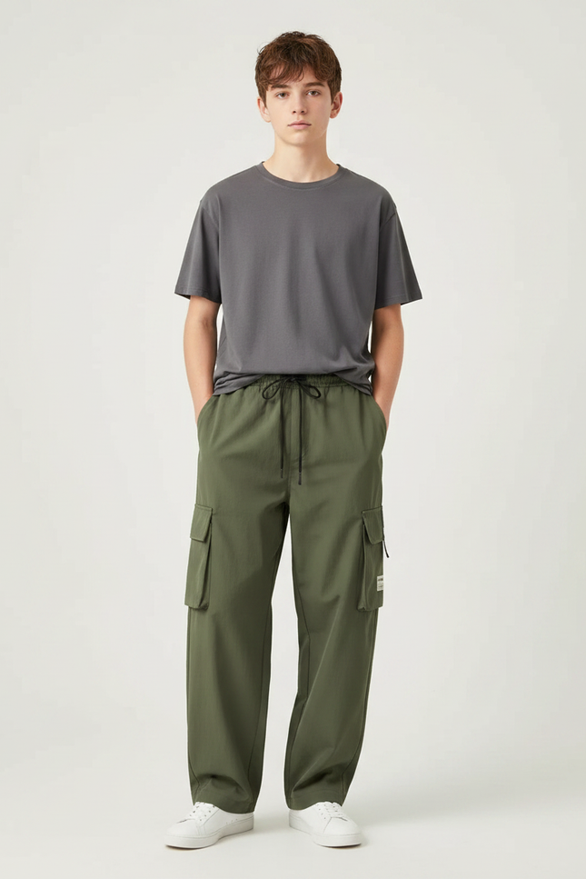Pantalon Parachute Vert Kaki Cargo Ample Décontracté Homme - Polyester