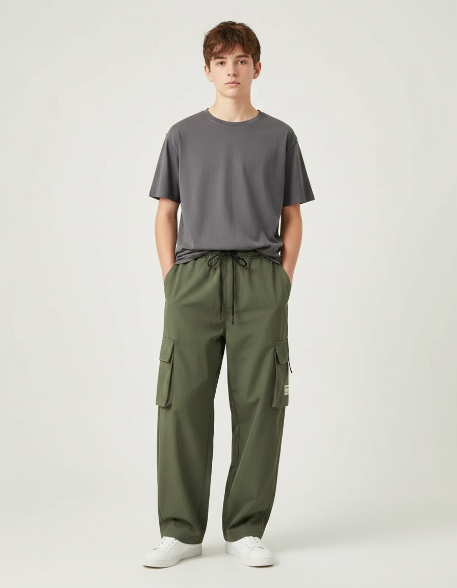 Pantalon Parachute Vert Kaki Cargo Ample Décontracté Homme - Polyester