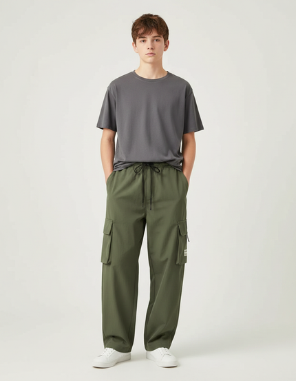 Pantalon Parachute Vert Kaki Cargo Ample Décontracté Homme - Polyester