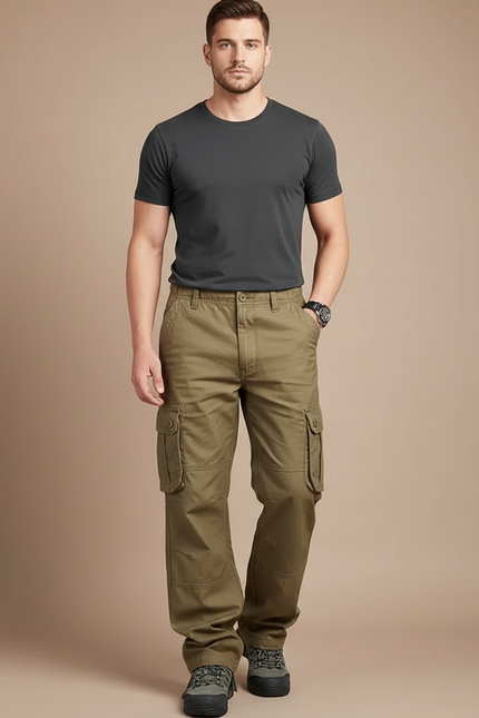 Pantalon Parachute Kaki Coton Ample Cargo Homme