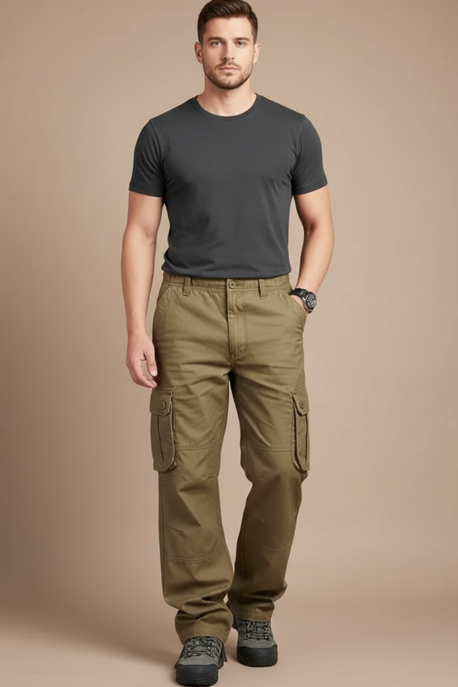 Pantalon Parachute Kaki Coton Ample Cargo Homme