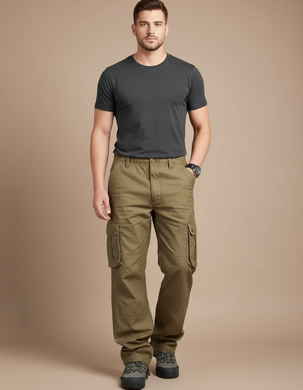 Pantalon Parachute Kaki Coton Ample Cargo Homme