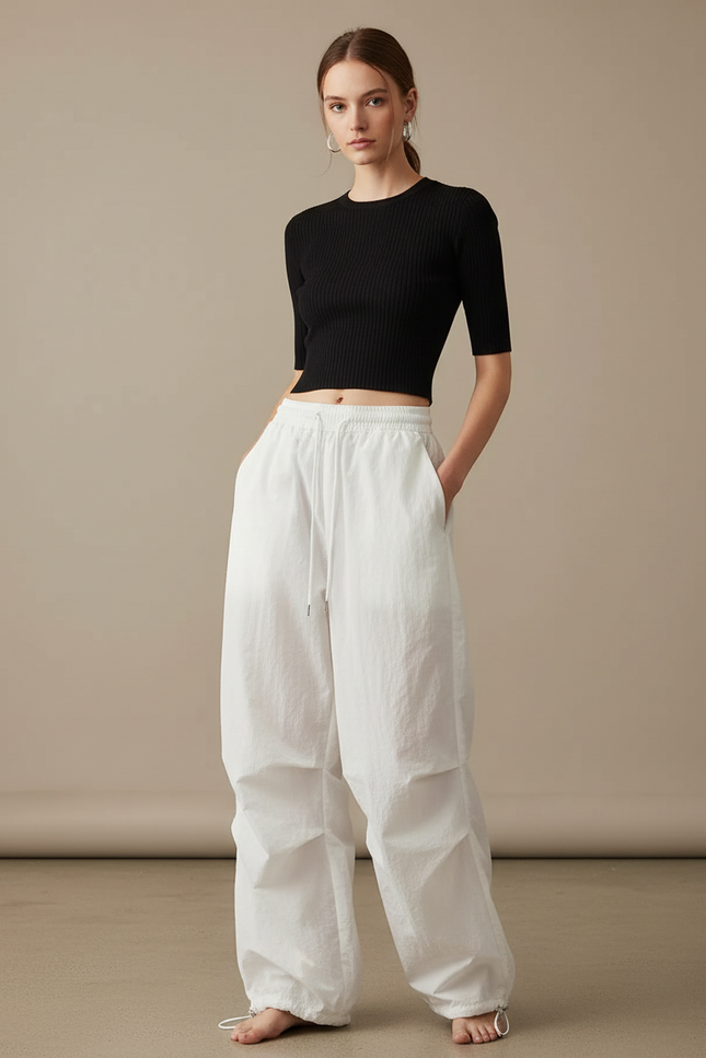 Pantalon Parachute Blanc Ample Fluide Cordon Streetwear Femme - Polyester