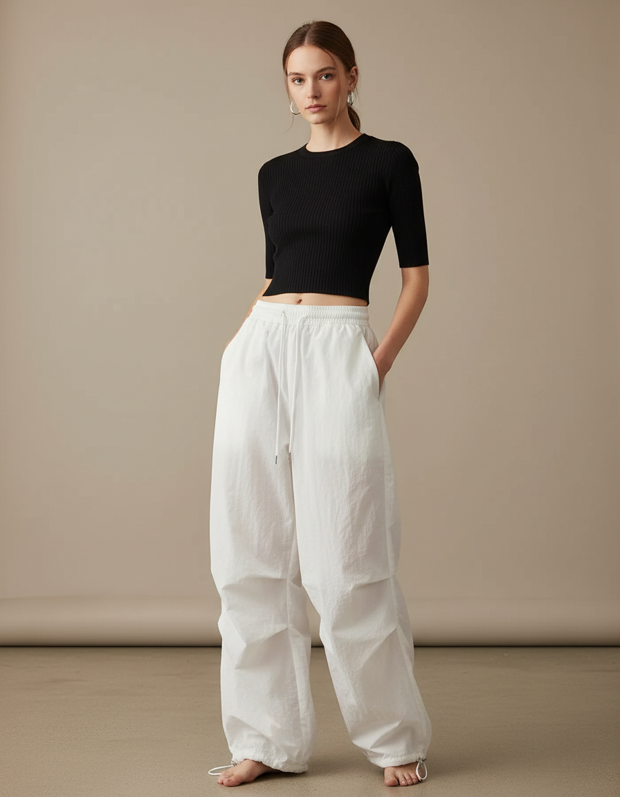 Pantalon Parachute Blanc Ample Fluide Cordon Streetwear Femme - Polyester