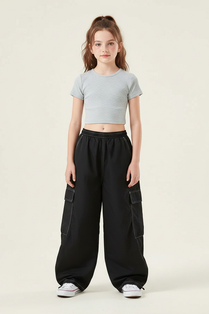 Pantalon Parachute Noir Ample Fille Couture Blanche - Polyester