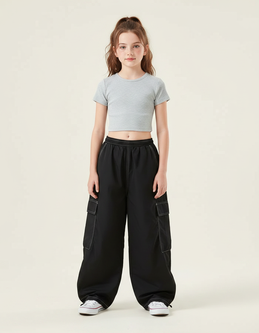 Pantalon Parachute Noir Ample Fille Couture Blanche - Polyester