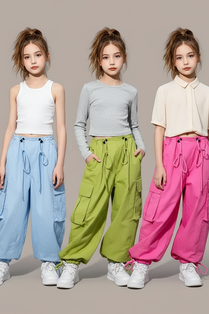 Pantalon Parachute Ample Cargo Fille Décontracté - Vert Polyester