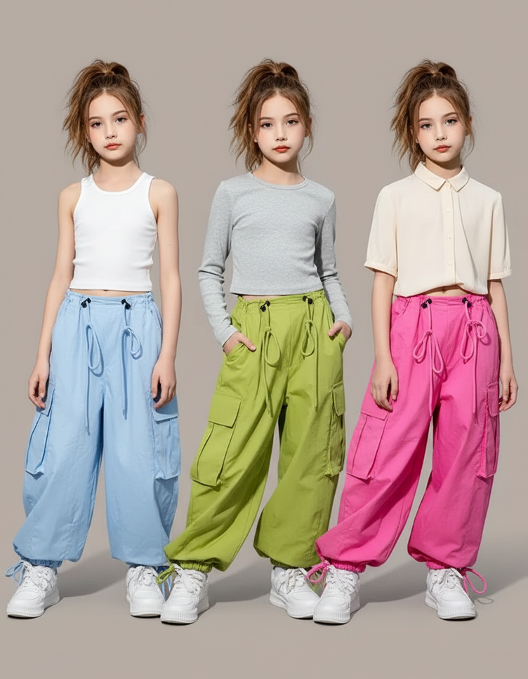 Pantalon Parachute Ample Cargo Fille Décontracté - Vert Polyester