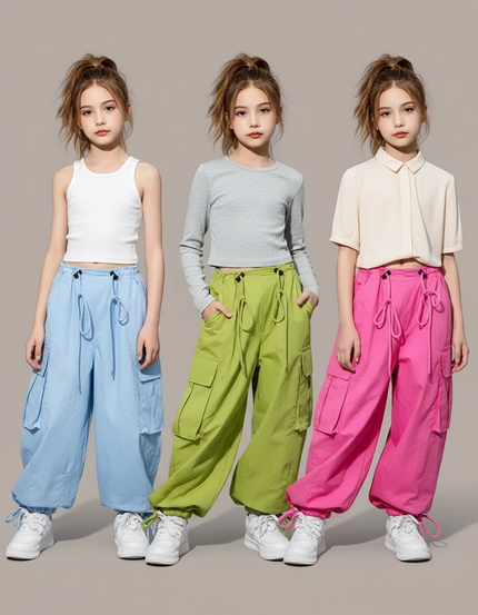Pantalon Parachute Ample Cargo Fille Décontracté - Vert Polyester
