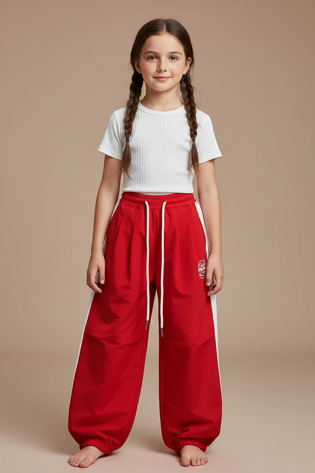 Pantalon Parachute Rouge Ample Fille Décontracté Sportif - Polyester