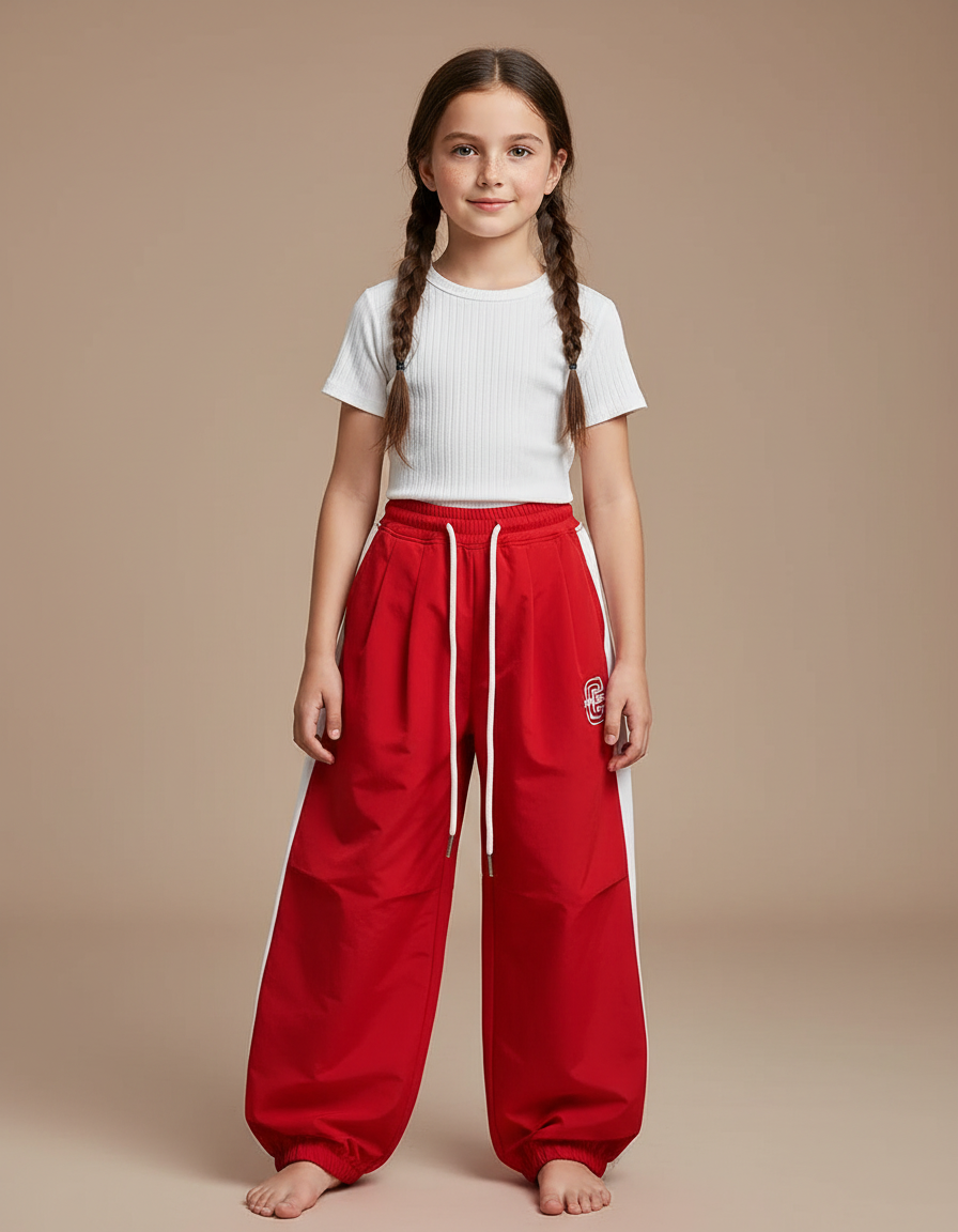 Pantalon Parachute Rouge Ample Fille Décontracté Sportif - Polyester