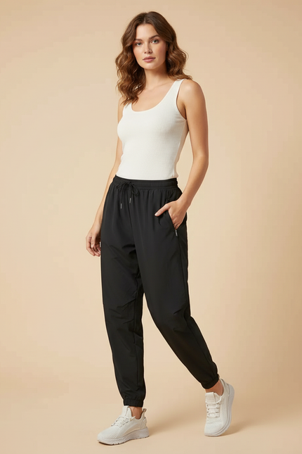 Pantalon Parachute Noir Ample Fluide Cordon Sport Femme - Polyester
