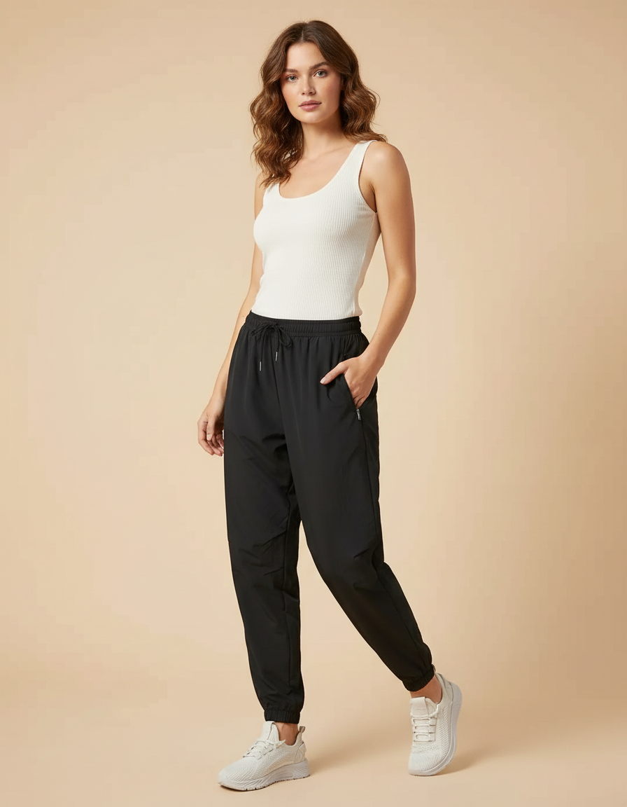 Pantalon Parachute Noir Ample Fluide Cordon Sport Femme - Polyester