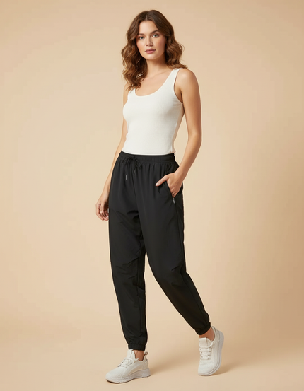 Pantalon Parachute Noir Ample Fluide Cordon Sport Femme - Polyester