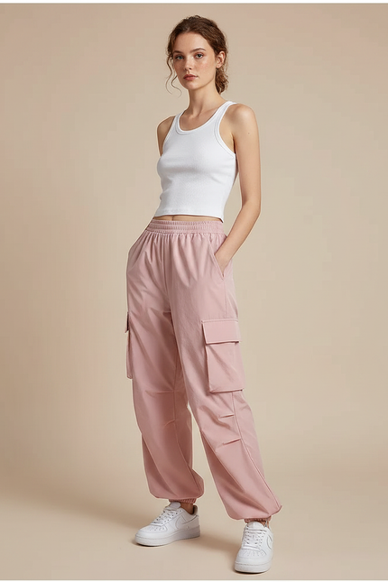 Pantalon Parachute Rose Cargo Ample Nylon Femme - Polyester
