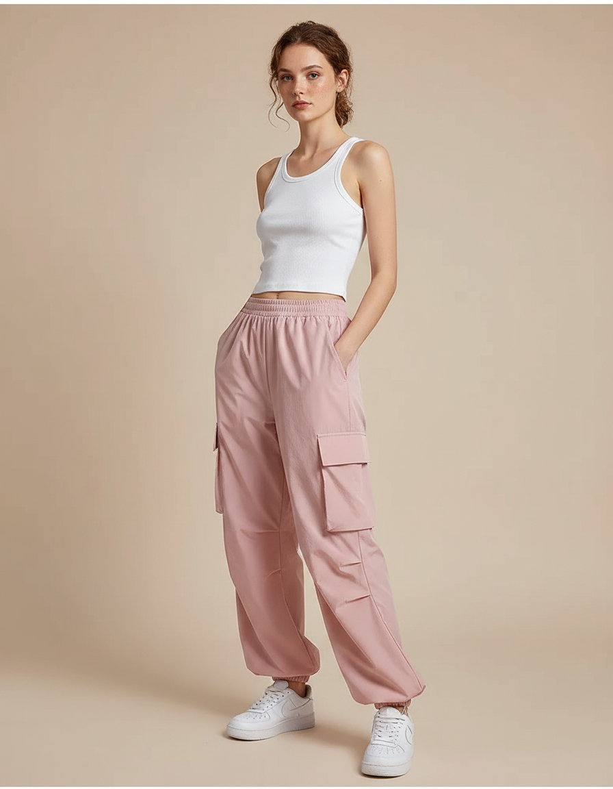 Pantalon Parachute Rose Cargo Ample Nylon Femme - Polyester