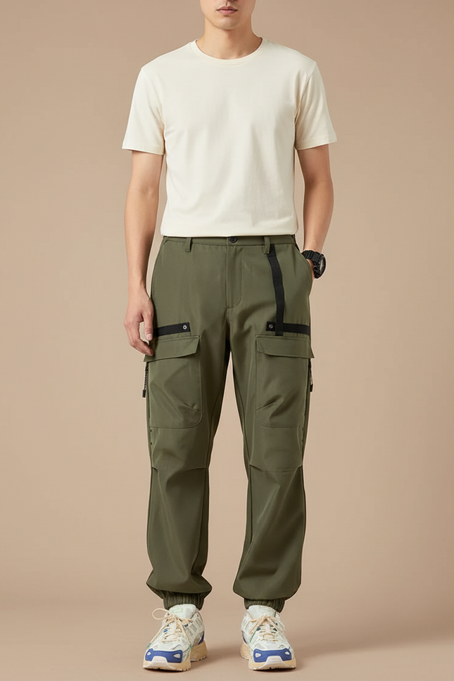 Pantalon Parachute Kaki Cargo Décontracté Multi-poches Homme - Polyester