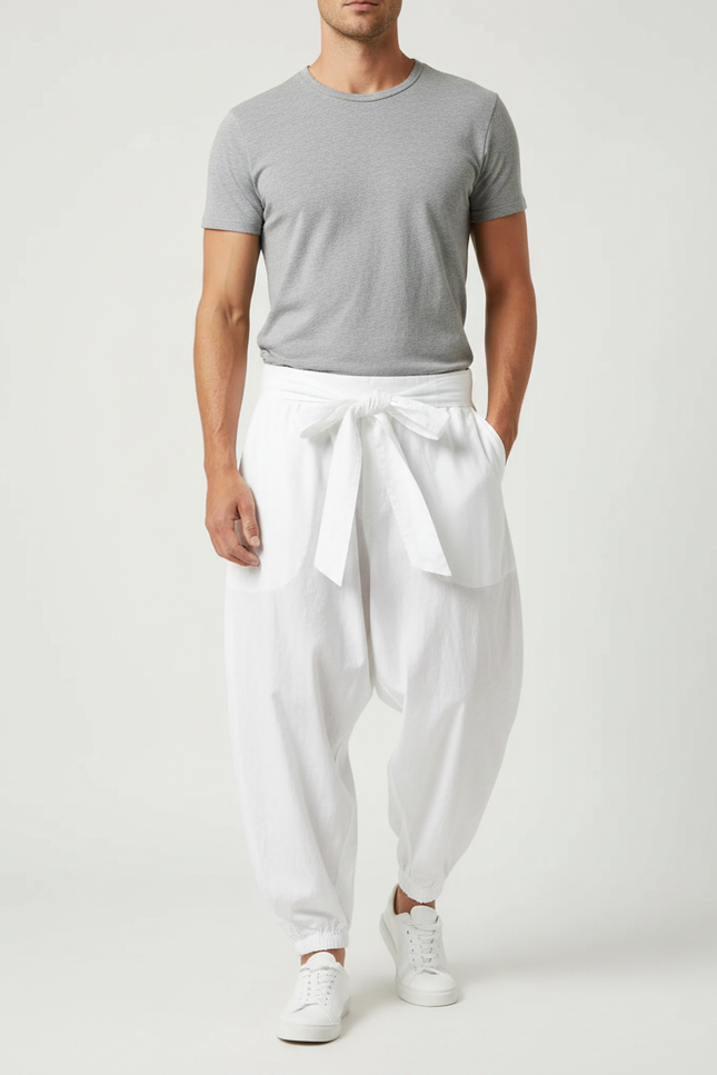 Pantalon Parachute Blanc Coton Ample Streetwear Homme