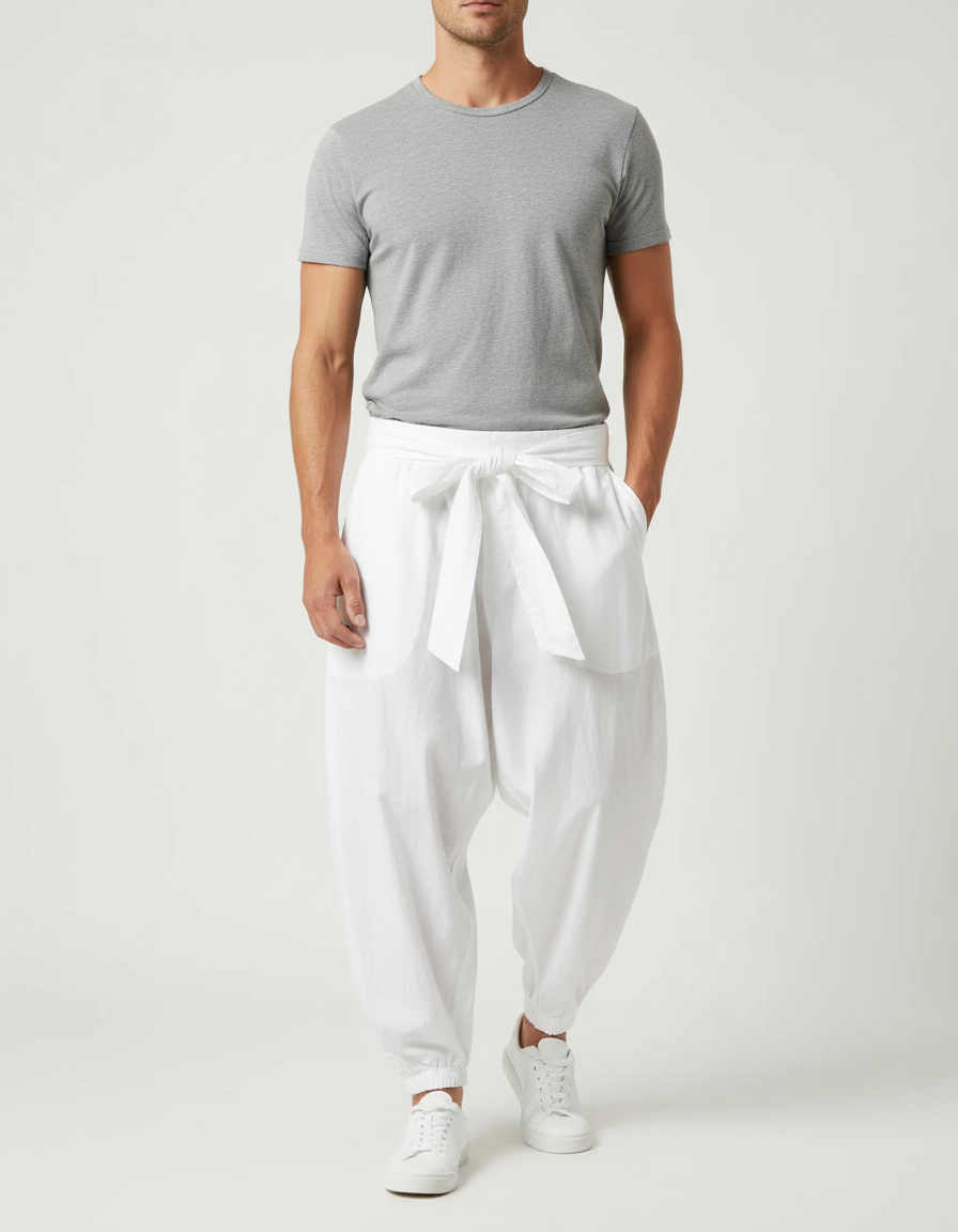 Pantalon Parachute Blanc Coton Ample Streetwear Homme