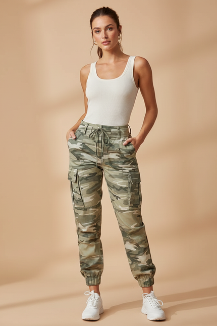 Pantalon Parachute Camouflage Cargo Slim Cordon Femme - Kaki Coton