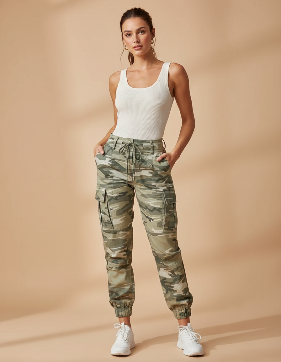 Pantalon Parachute Camouflage Cargo Slim Cordon Femme - Kaki Coton