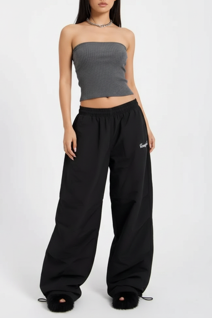 Pantalon Parachute Noir Ample Décontracté Streetwear Femme - Polyester
