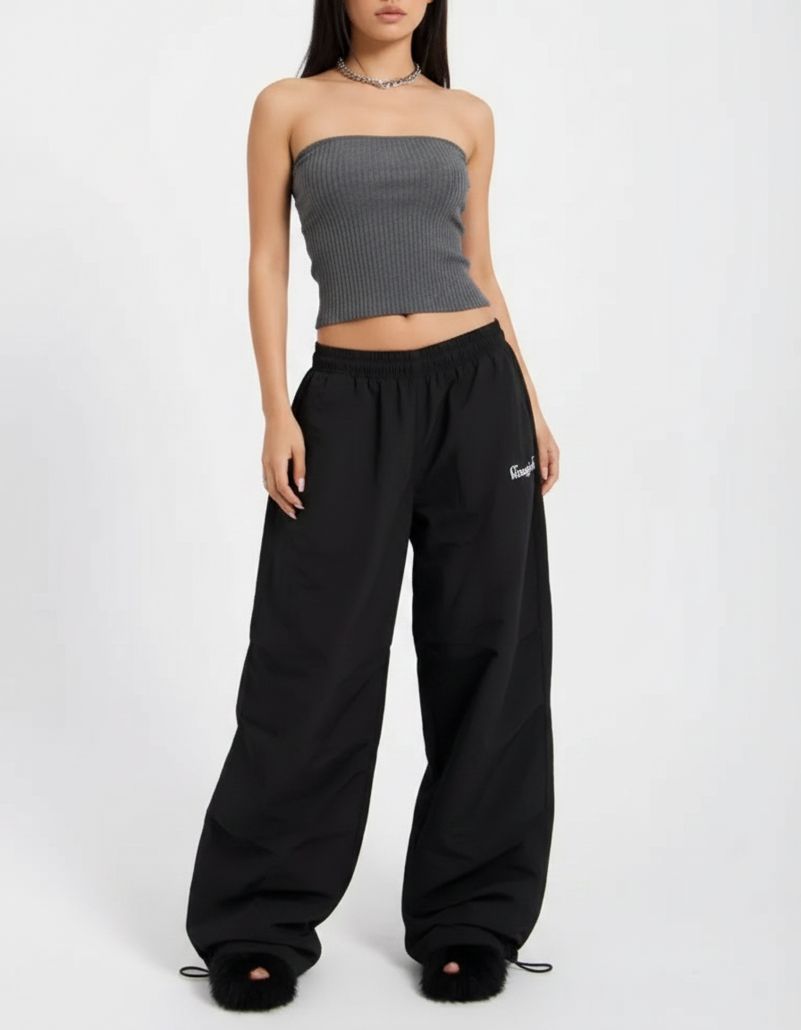 Pantalon Parachute Noir Ample Décontracté Streetwear Femme - Polyester